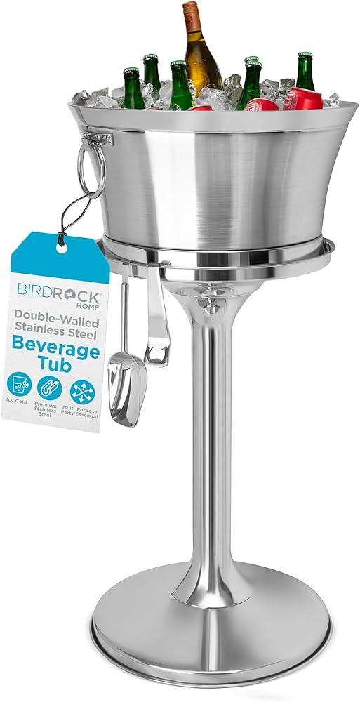 BIRDROCK HOME Metal Beverage Tub w/Stand, Scoop & Bottle Opener - Stainless Steel Double Wall Ice... | Amazon (US)