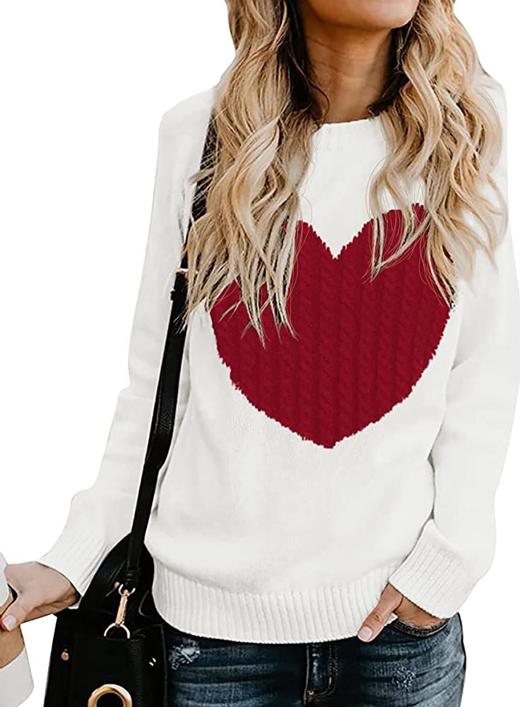 QIXING Women's Pullover Sweater Round Neck Long Sleeve Heart-Shaped Sweater | Amazon (US)