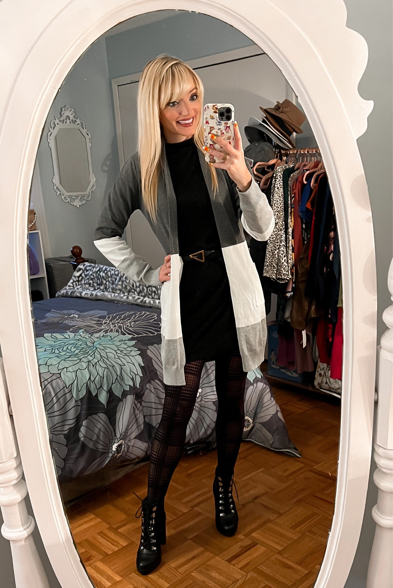 Easy business casual work look and teacher outfit with this long cardigan over a black sweater dress and styled with plaid tights, combat ankle boots, and a triangle belt - office style - teacher style - Amazon Fashion - Amazon Finds 

#LTKSeasonal #LTKworkwear #LTKunder50