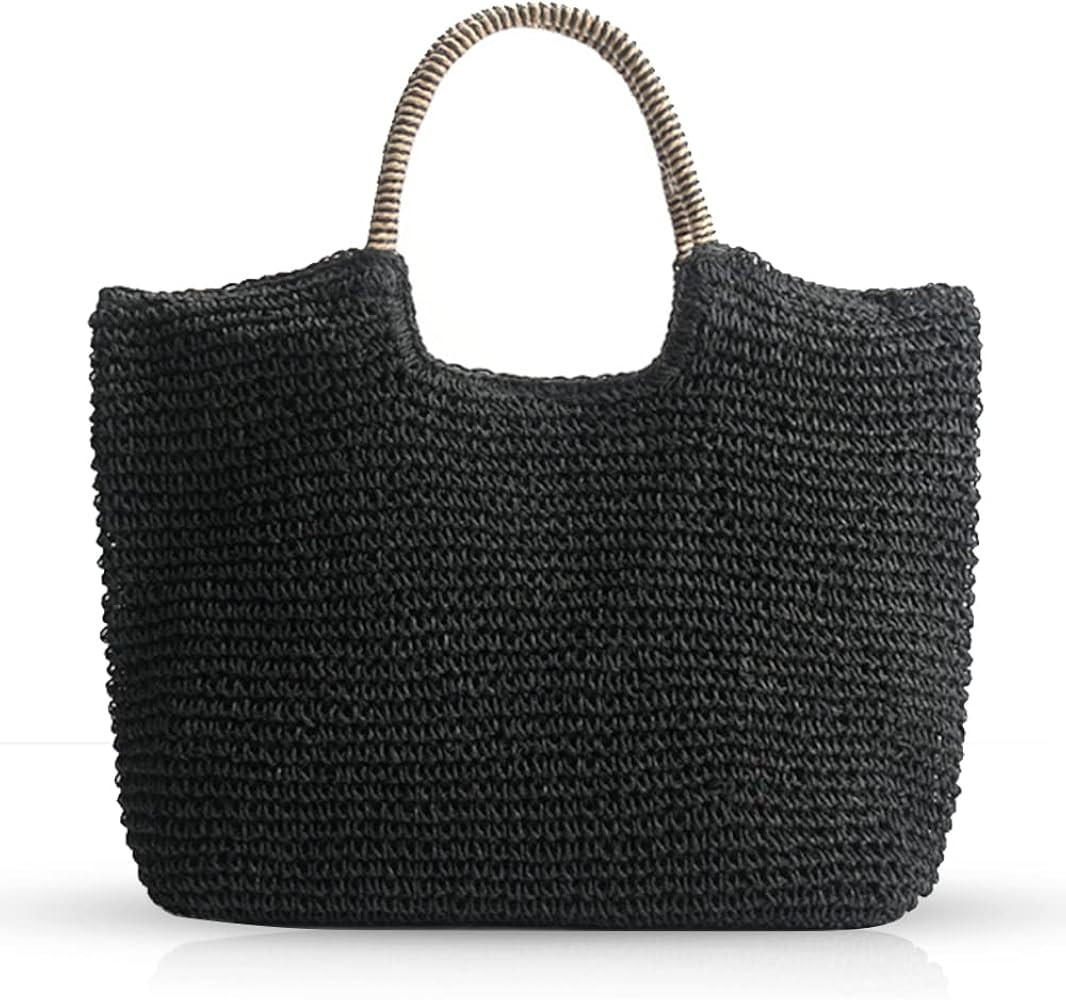 QTKJHand-woven Soft Large Straw Shoulder Bag, Beach Tote Black Boho Straw Handle Tote Retro Summe... | Amazon (US)
