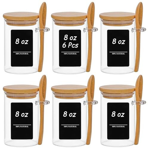 ComSaf Spice Jars with Spoon 8 oz 6Pack, Small Spice Containers Starter Set, Glass Seasoning Jars with Labels, Round Seasoning Containers for Salt, Pepper, Chili Powder, Sugar, Loose Tea Storage | Amazon (US)