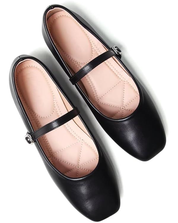 Stunner Mary Jane Shoes Square Toe Black Flats Ballet Flats for Women Comfortable Ankle Strap Fla... | Amazon (US)