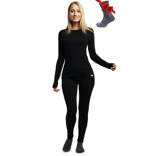Merino.tech Merino Wool Base Layer Women Set - Heavyweight, Lite, Midweight Merino Thermal Underwear For Women Top, Bottom (Large, 250 Black) | Amazon (US)