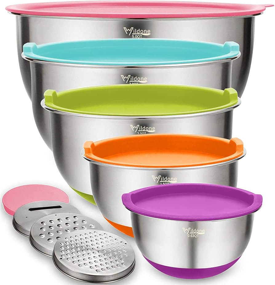 Wildone Mixing Bowls Set of 5, Stainless Steel Nesting Bowls with Colorful Lids, 3 Grater Attachm... | Amazon (US)