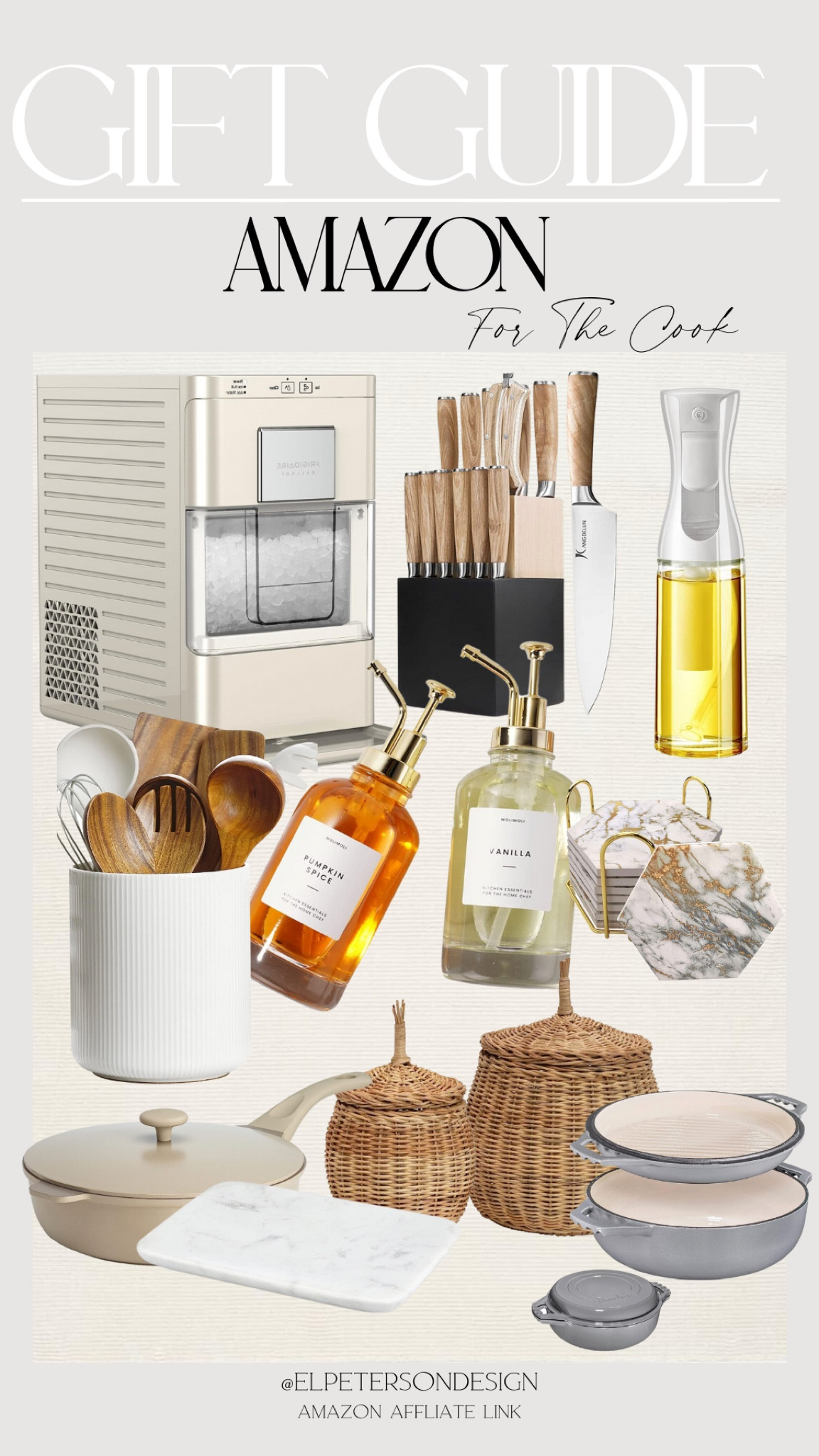 Ice maker 
Knife set 
Oil and vinegar dispensers 
Utensil holder
Pan
Marble tray
Coasters
Wicker container
Dutch oven

#LTKGiftGuide