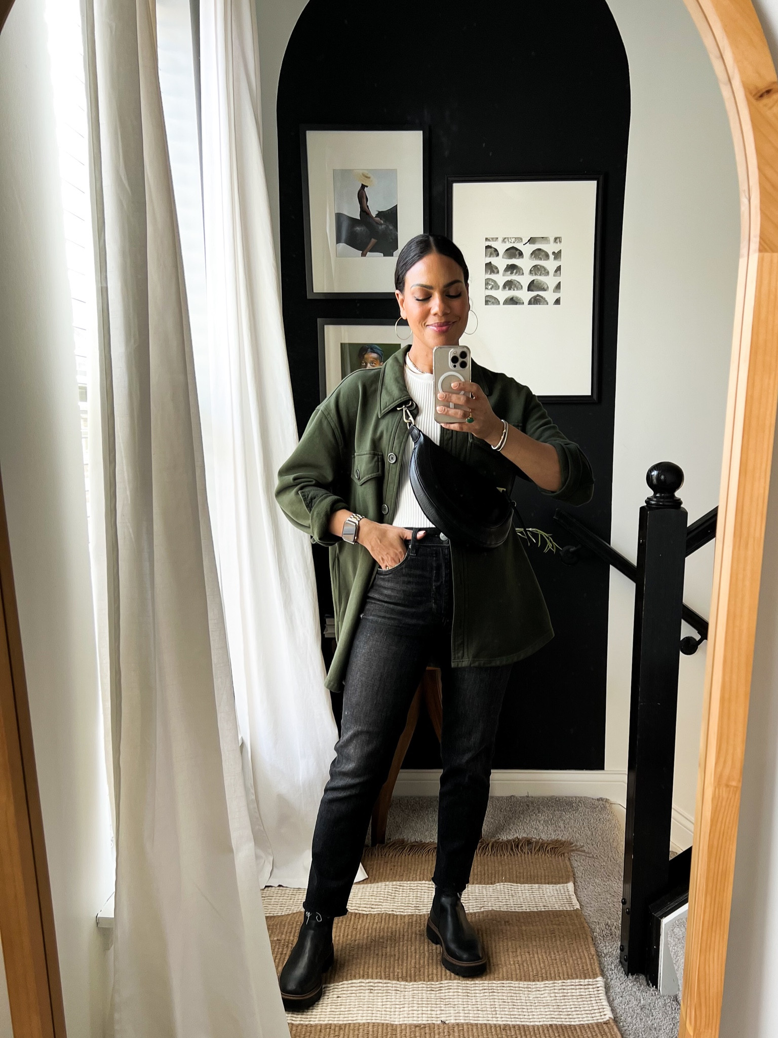 OOTD: shacket- size up, straight denim- size down, I cut mine to crop :) I’m 5’4"