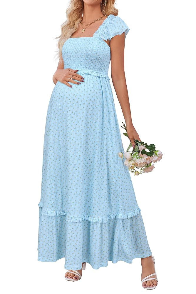 OUGES Womens 2025 Summer Maternity Photoshoot Dress Boho Maxi Smocked Baby Shower Dress Ruffle Sl... | Amazon (US)