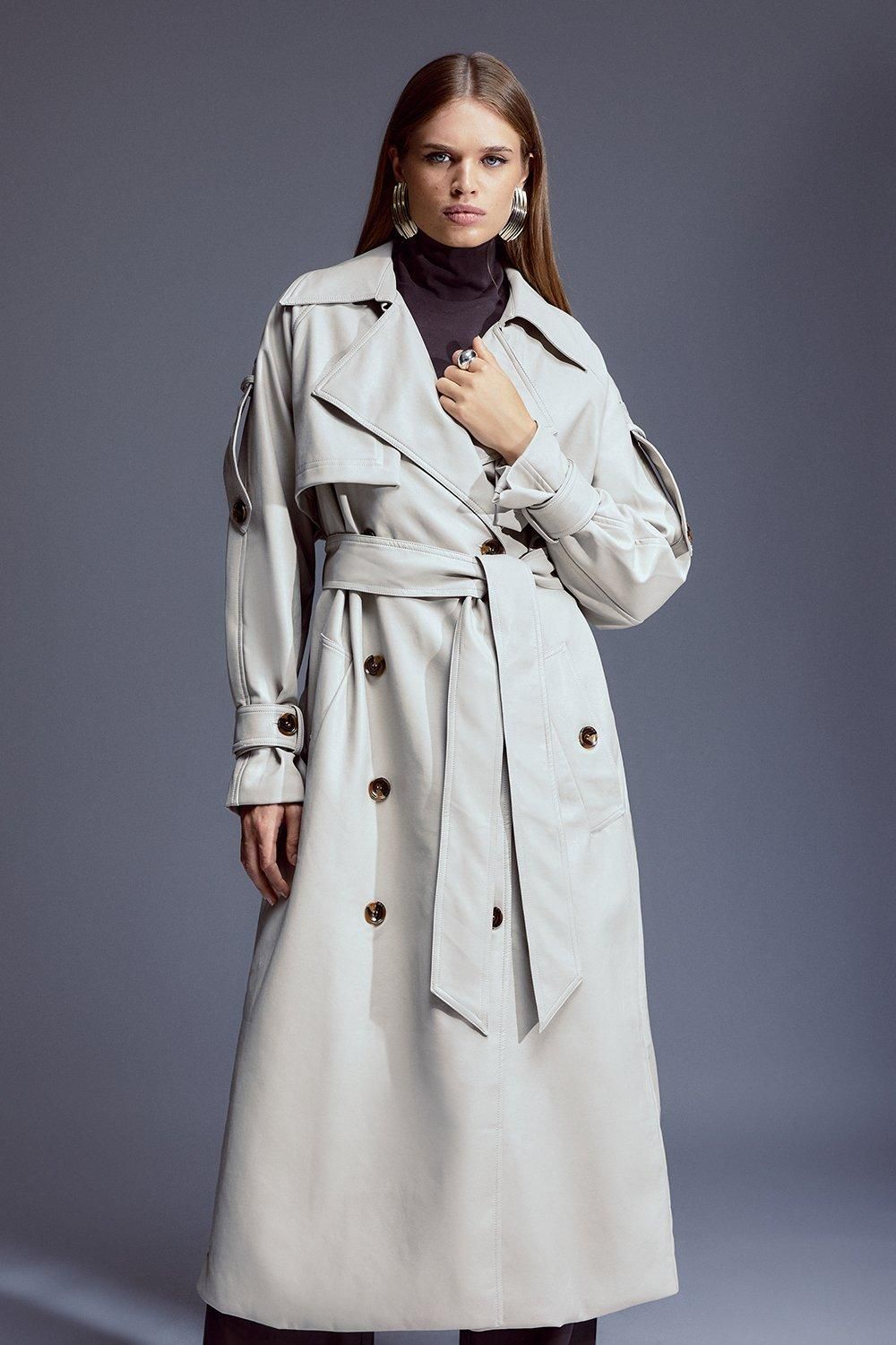 Faux Leather Tailored Belted Storm Flap Trench Coat | Karen Millen UK + IE + DE + NL