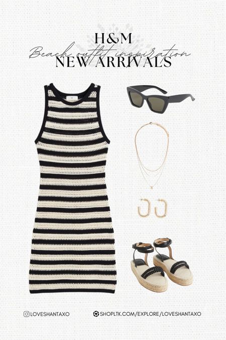 Crochet dress. Beach dress. Travel outfit. Resort wear. Resort outfit inspo. H&M new arrivals. Beach outfit. Mini dress. Vacation outfit. Striped dress. Coverups. Swimsuit coverup. Halter dress. Swim. Summer outfit. Outfit inspiration. Bikini. Sandals. Slides. Neutral dress. Gold earrings. Gold jewelry. Layer necklace. Sunglasses.

#LTKtravel #LTKstyletip #LTKSeasonal