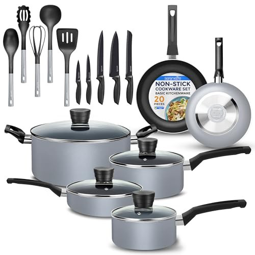 SereneLife Kitchenware Pots & Pans, Basic Kitchen Cookware Set, Black Non-Stick Coating Inside, Heat Resistant Lacquer (20-Piece Set), One Size, Gray | Amazon (US)