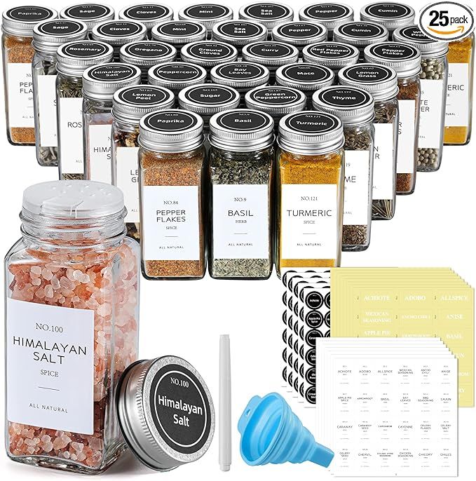 NETANY 25 Pcs Spice Jars with Labels - Glass Spice Jars with Shaker Lids, Minimalist Farmhouse Sp... | Amazon (US)