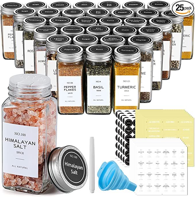 NETANY 25 Pcs Spice Jars with Labels and Shaker Lids - Minimalist Stickers, Collapsible Funnel, 4... | Amazon (US)