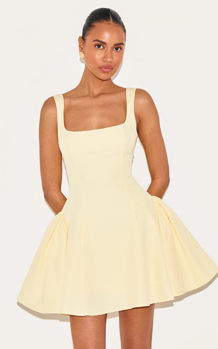 Lemon Woven Square Neck Shift Dress | PrettyLittleThing US