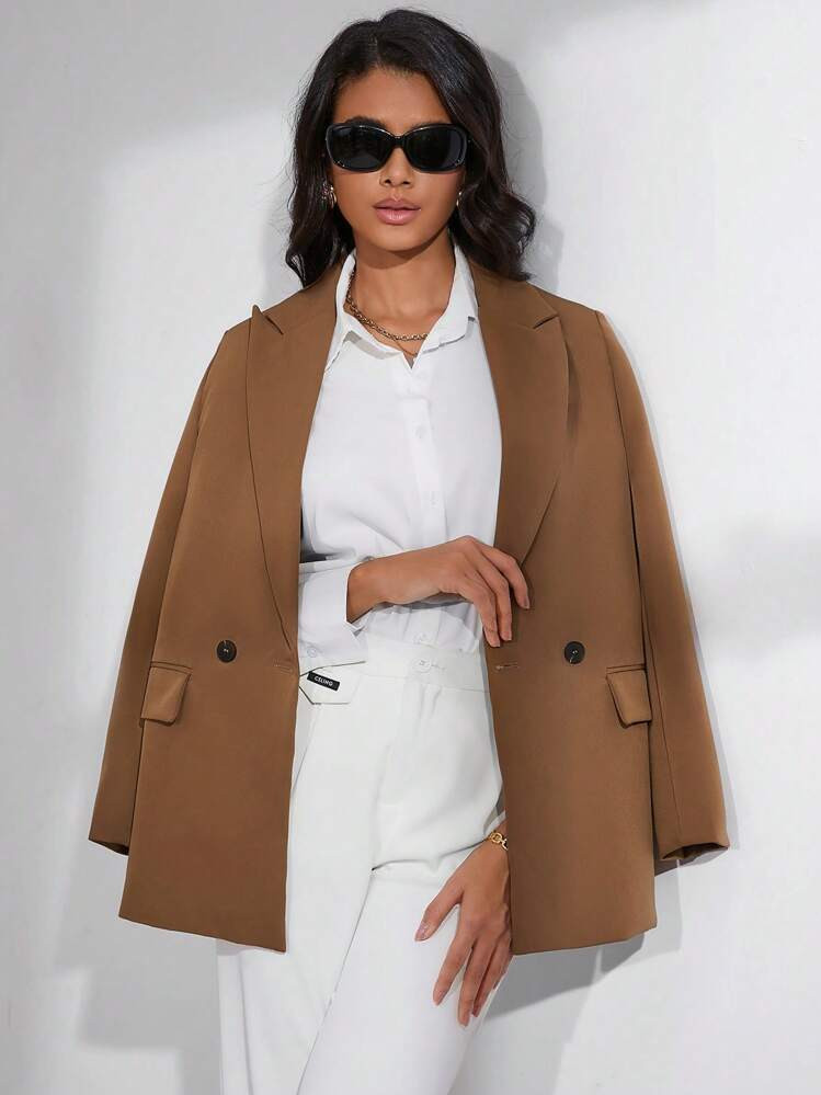 Aveloria Casual Solid Double Breasted Lapel Neck Blazer | SHEIN