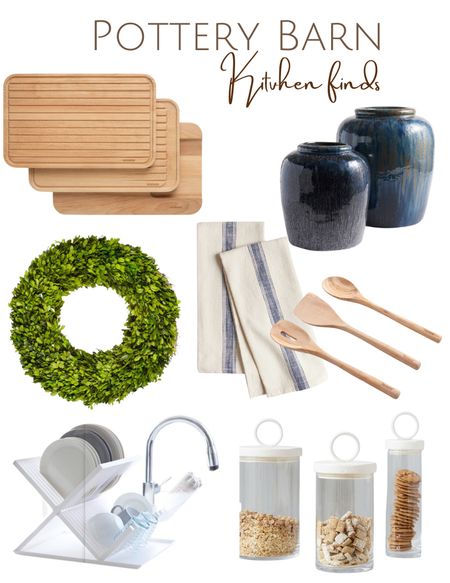 Great deals in kitchenware. Get your Holiday prep starred. Cutting boards, Wooden serving spoons, Ceramic vases, Boxwood wreath, Dish rack, Dish clothes