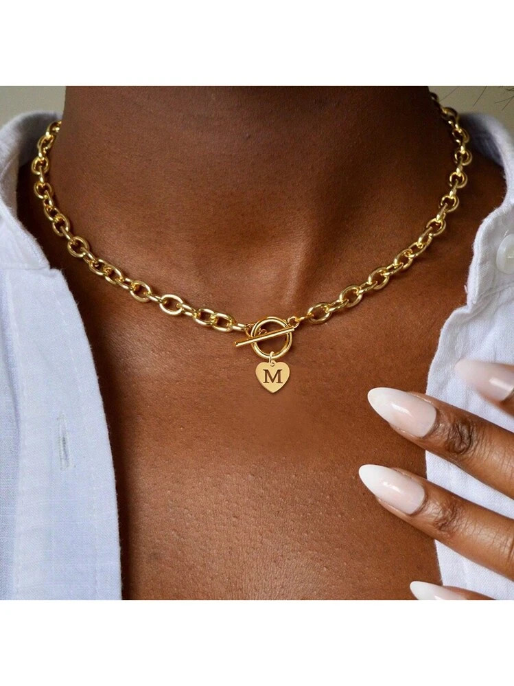 1pc Fashion Stainless Steel Heart Initial Pendant Toggle Clasp Chain Necklace Women For Party | SHEIN