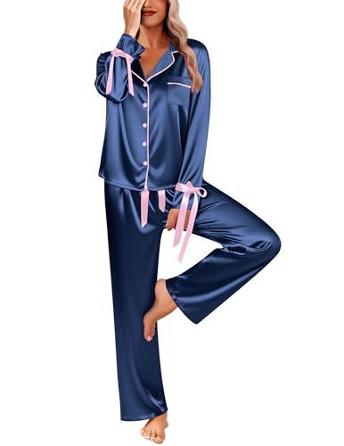Ekouaer Women Classic Button Down Long Satin Pajamas Set,Bow Tie Silky Cute Pjs Sets Fancy Lounge... | Amazon (US)