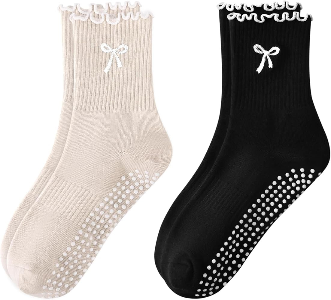 Pilates Yoga Grip Socks for Women, Bow-Patterned Ruffled Crew Socks Ideal for Fitness, Ballet Bar... | Amazon (US)