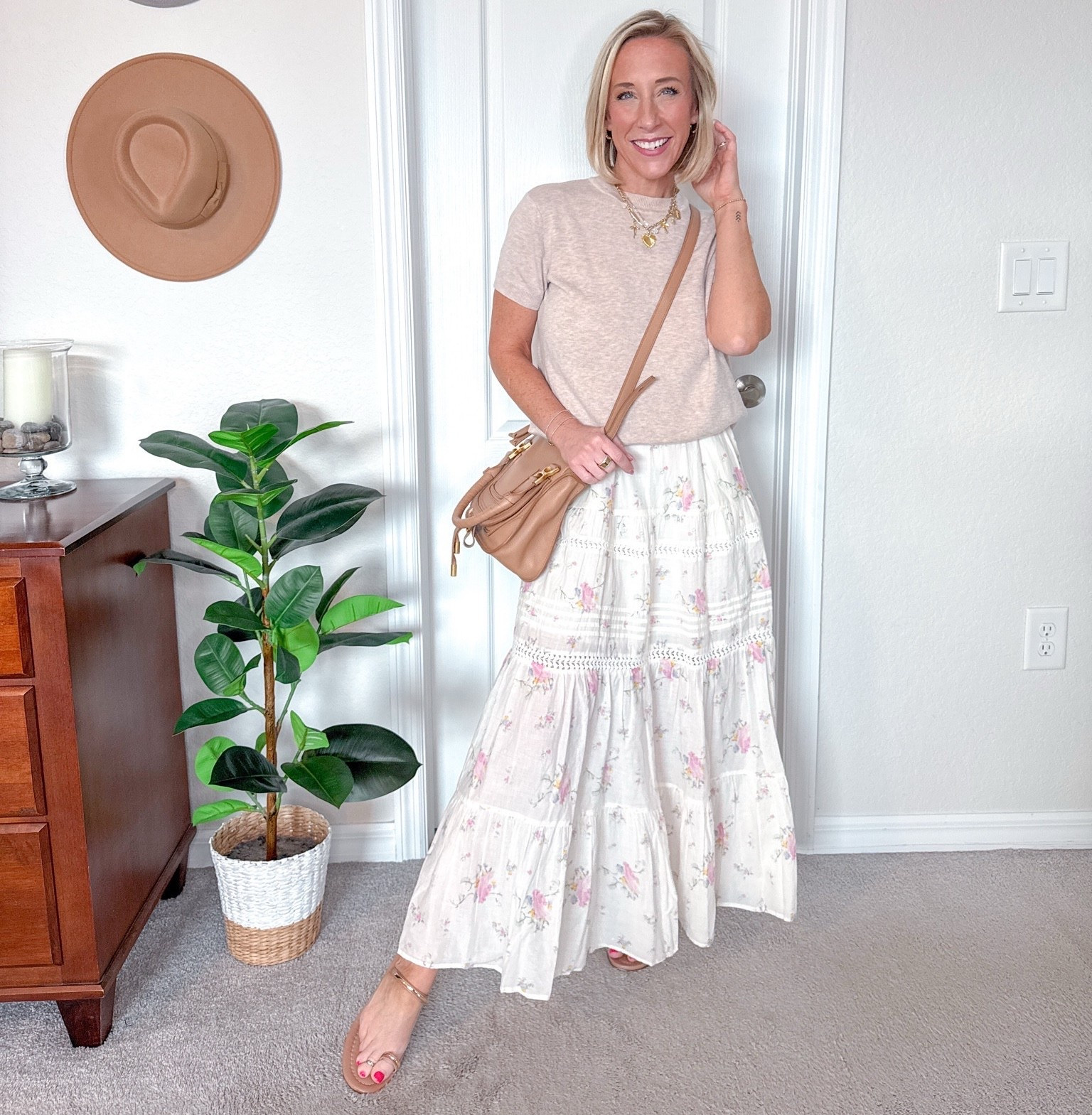 One Dress - 6 outfits: Floral Lace Maxi A-Line Dress - size XS. Tan Short Sleeve sweater - size small. 

#LTKOver40#LTKSeasonal 

 