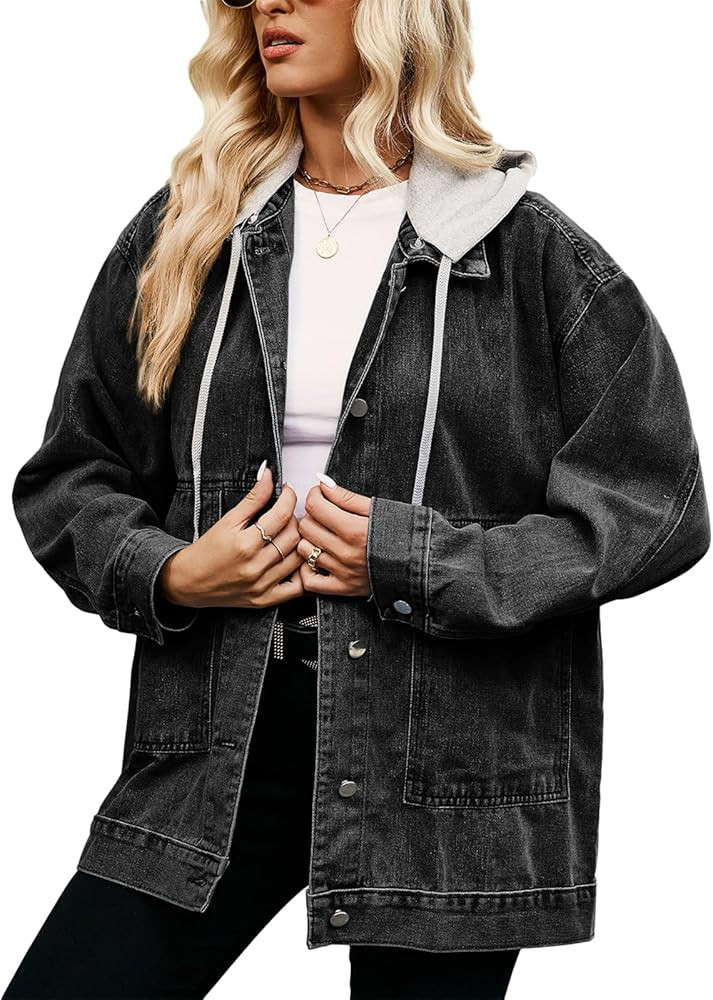 PAODIKUAI Women's Oversized Denim Jacket Casual Long Sleeve Vintage Jean Jacket Top Coat with Det... | Amazon (US)