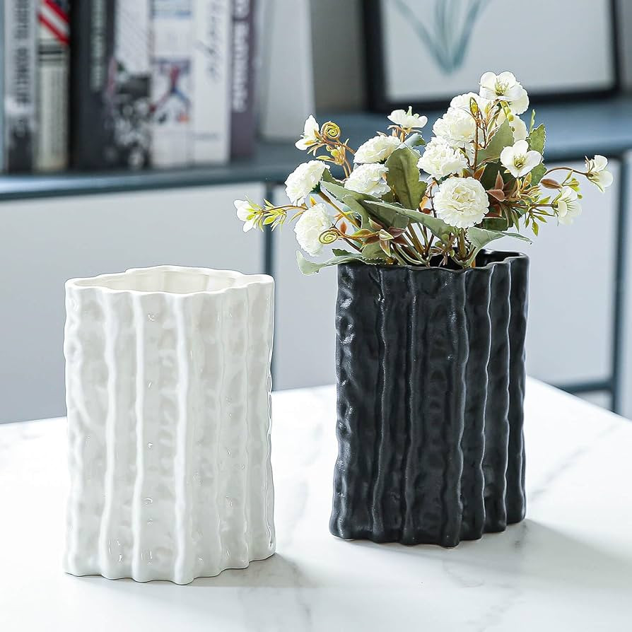 Porceluxe Large Black and White Ceramic Vases for Decor - Ribbed Rhombus Vase Set - Modern Unique... | Amazon (US)