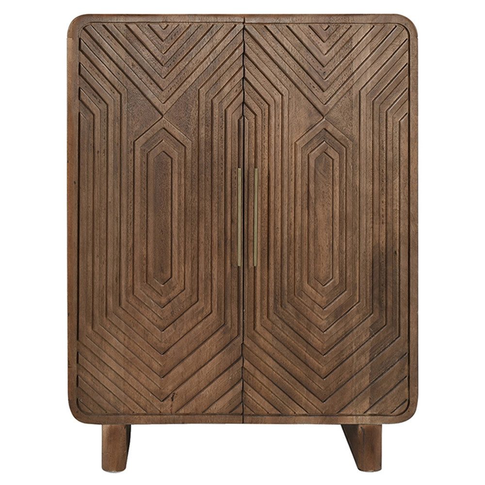 Sherwood Mid Century Modern Brown Mango Wood 2 Patterned Door Bar Cabinet | Kathy Kuo Home