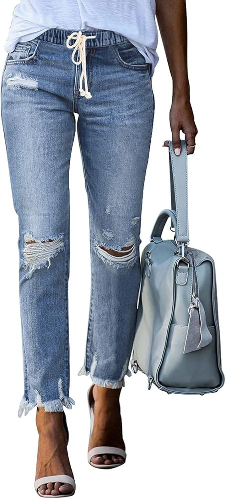 Sidefeel Women’s Cargo Jeans High Waisted Ripped Denim Joggers Elastic Drawstring Waist Pants P... | Amazon (US)