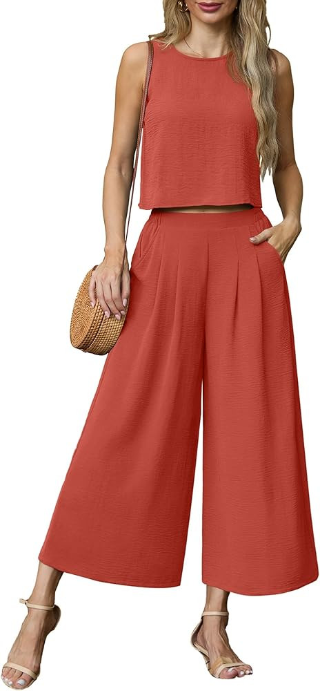 Lepunuo Womens Summer 2 Piece Outfits Sleeveless Crop Top Flowy Wide Leg Pants Matching Sets Vaca... | Amazon (US)