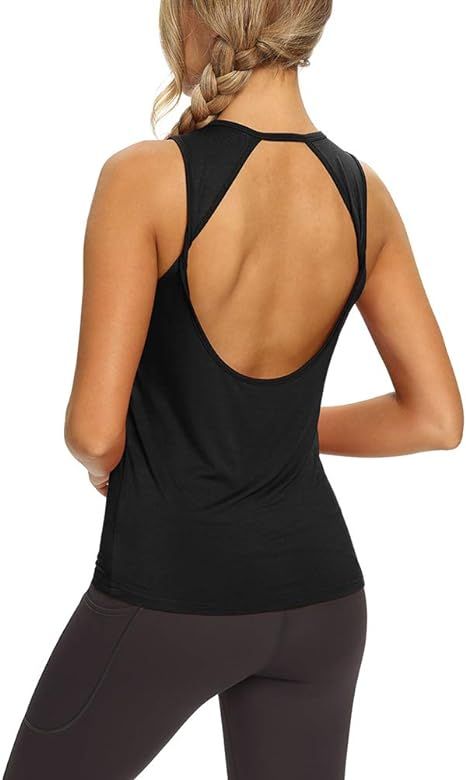 Mippo Workout Tops for Women Yoga Shirts Open Back Tank Tops Athletic Tops Gym Workout Clothes | Amazon (US)