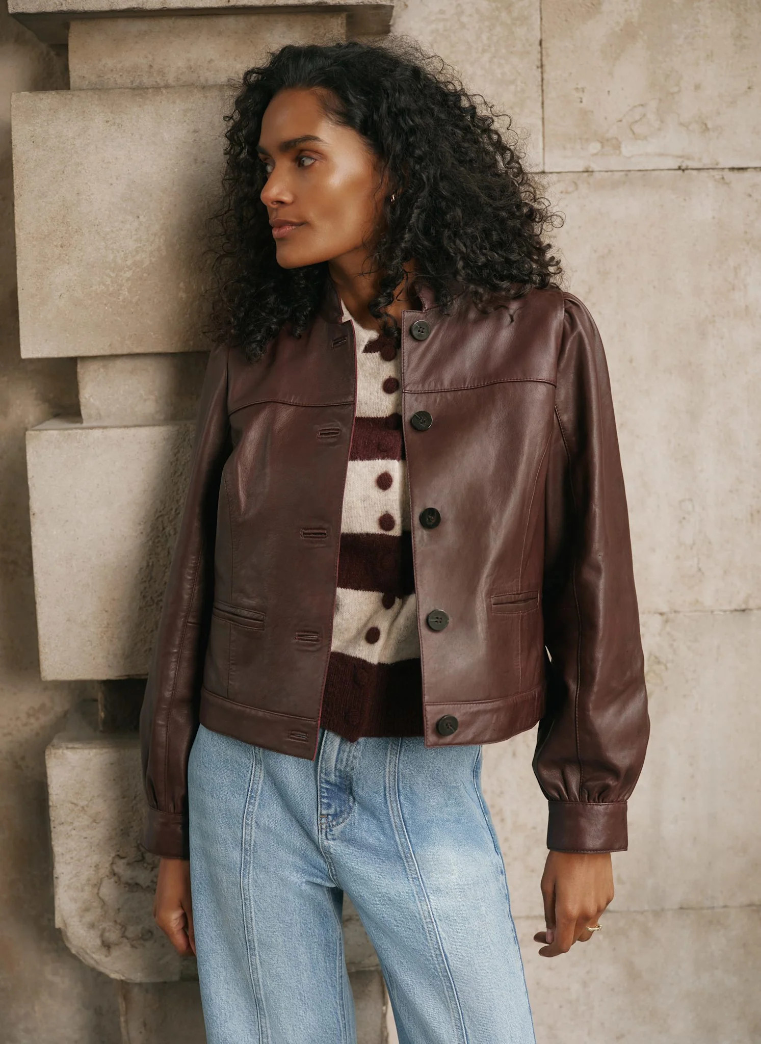 Burgundy Leather Stand Collar Jacket | Mint Velvet - ROW
