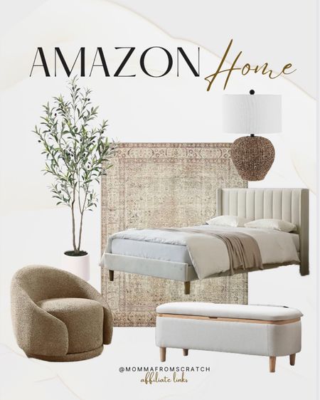 Amazon home furniture! Bedroom furniture, fluted headboards, upholstered bed frame, swivel chair, upholstered bench, storage bench, area rug, olive tree, lamp.

#LTKsalealert #LTKhome #LTKstyletip