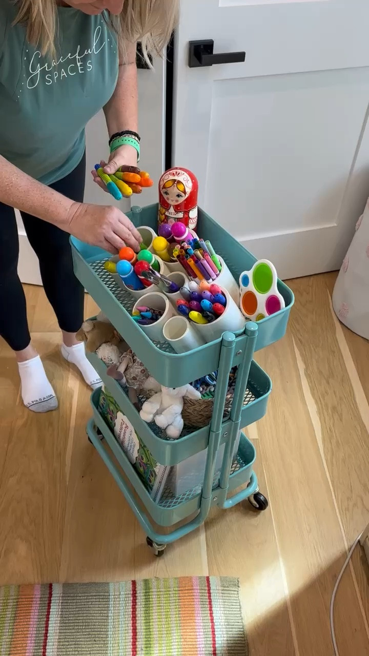 Organizing kids art supplies for the summer! This handy cart can roll room to room easily!


#organizedkids #artsupplies