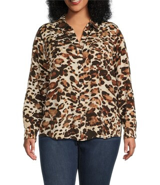 Plus Size Leopard Print Woven Long Roll-Tab Sleeve Point Collar Y-Neck Button Front Shirt | Dillard's