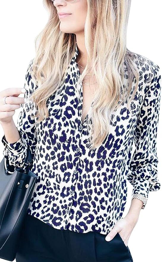 ECOWISH Womens V Neck Leopard Casual Print Tunic Long Sleeve Button Down Shirt Tops | Amazon (US)