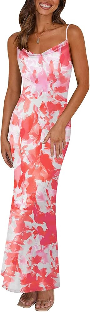 PRETTYGARDEN Women's 2026 Spring Floral Spaghetti Strap Maxi Dress Stretch Sexy Bodycon Dress Bac... | Amazon (US)