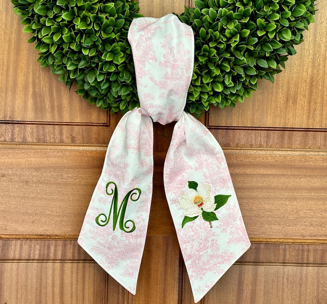 Personalized Pink Toile Magnolia Wreath Sash: Custom Monogram Door Swag - Etsy | Etsy (US)