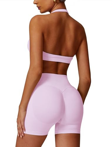 ABOCIW Workout Sets for Women 2 Piece Seamless Padded Halter Sports Bra High Waist Scrunch Butt Impact Shorts Yoga Gym Set Pink X-Large | Amazon (US)