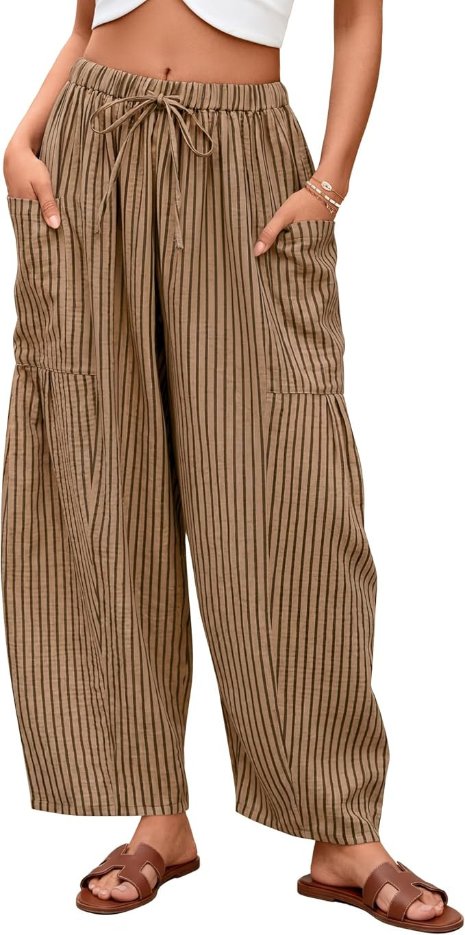 ZESICA Women’s Striped Wide Leg Palazzo Harem Pants 2026 Summer Drawstring Baggy Lounge Beach T... | Amazon (US)