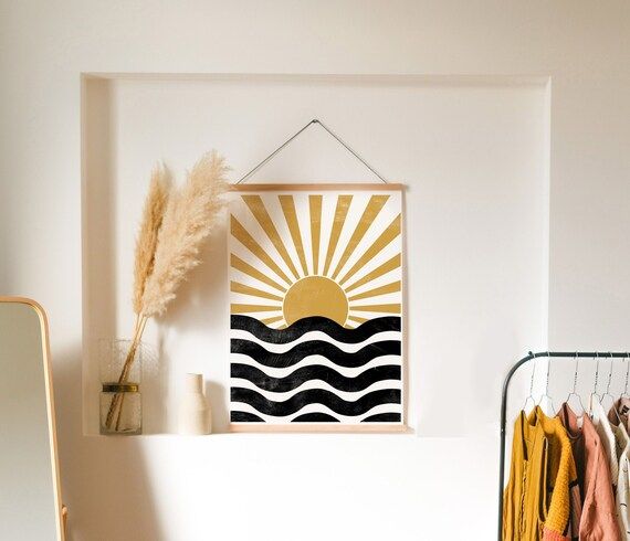 Mid Century Sun Print, Mustard Yellow Sun, Modern Abstract art, Waves, Ocean Sunset Print, Minima... | Etsy (US)