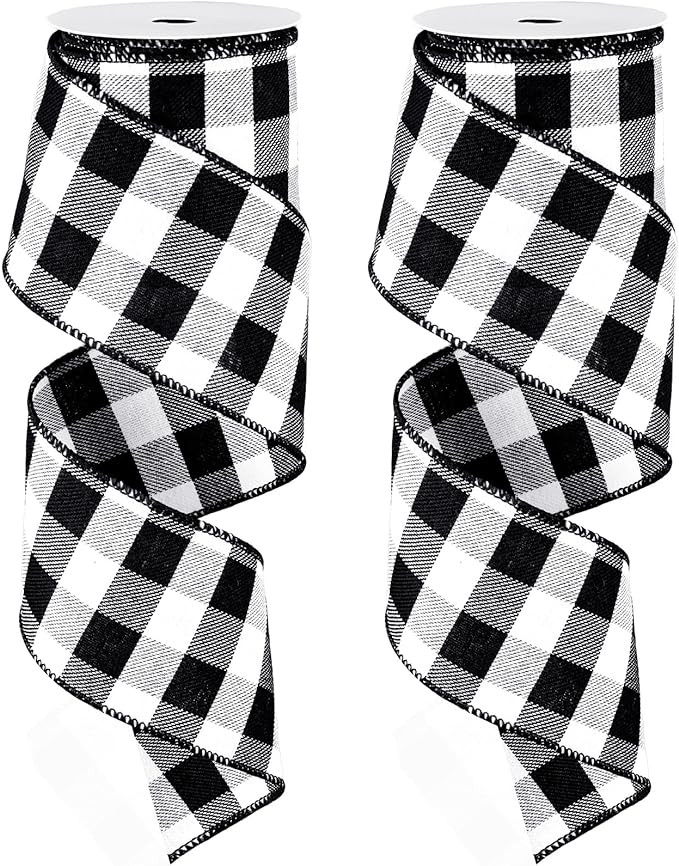Whaline 2 Rolls Wired Edge Plaid Ribbon Christmas Buffalo Check Ribbon White Black Plaid Ribbon 2... | Amazon (US)