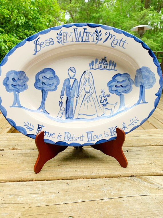 Wedding Platter , Blue and White Wedding Gift Personalized Wedding Portrait Handpainted Wedding P... | Etsy (US)