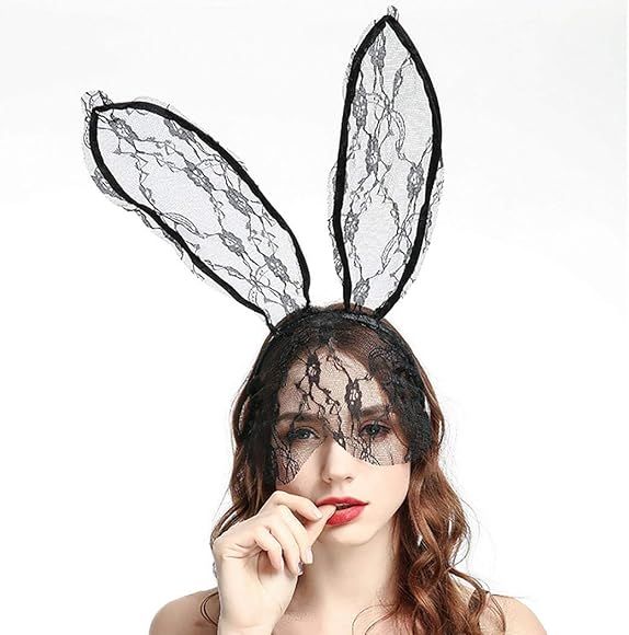Aceorna Sexy Bunny Ears Veil Headbands Lace Mask Veils Hair Band Black Rabbit Ear Hair Hoop Party De | Amazon (US)