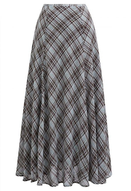 Flowy Plaid Panel Chiffon Flare Maxi Skirt in Blue | Chicwish