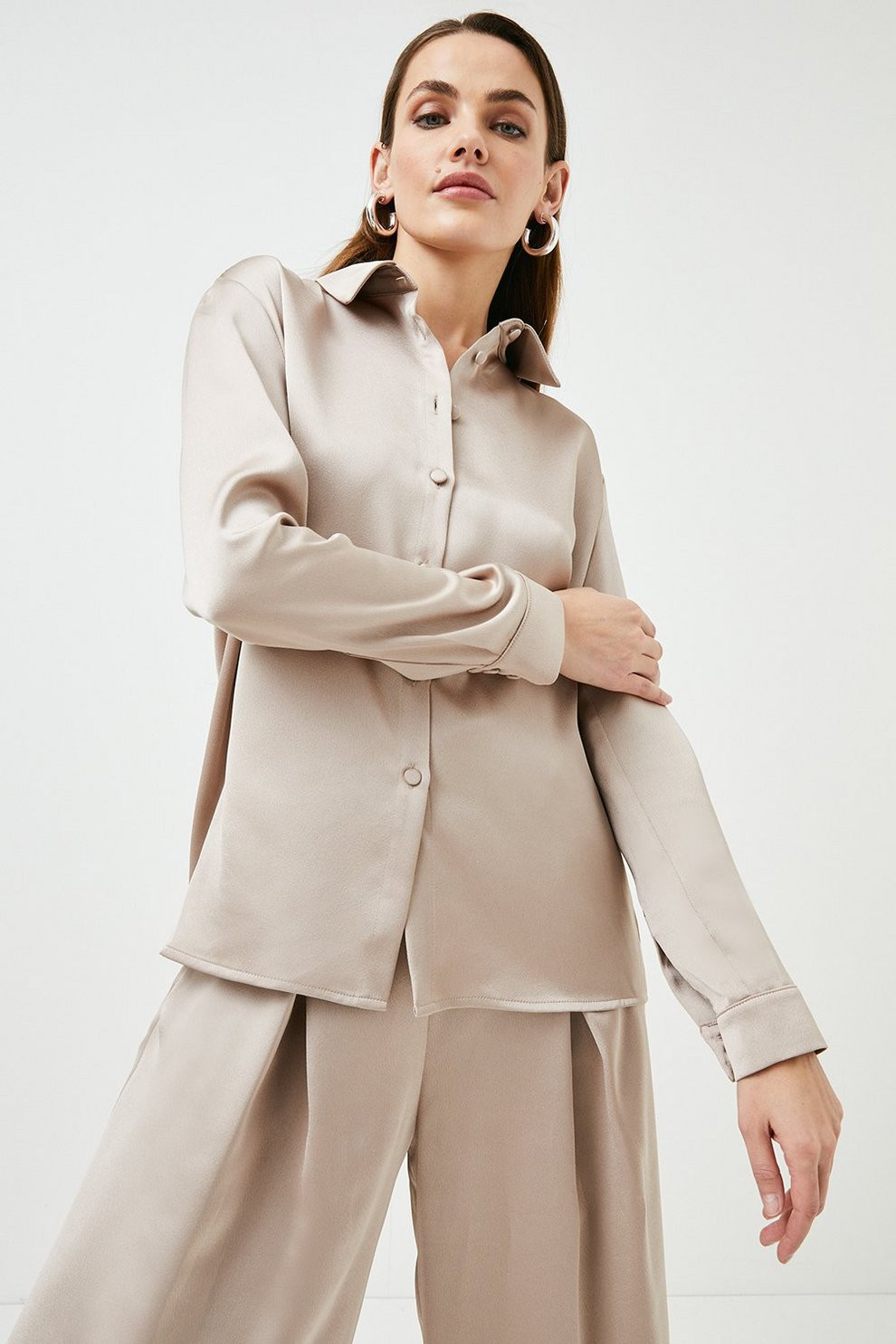 Satin Crepe Long Sleeve Shirt | Karen Millen UK & IE