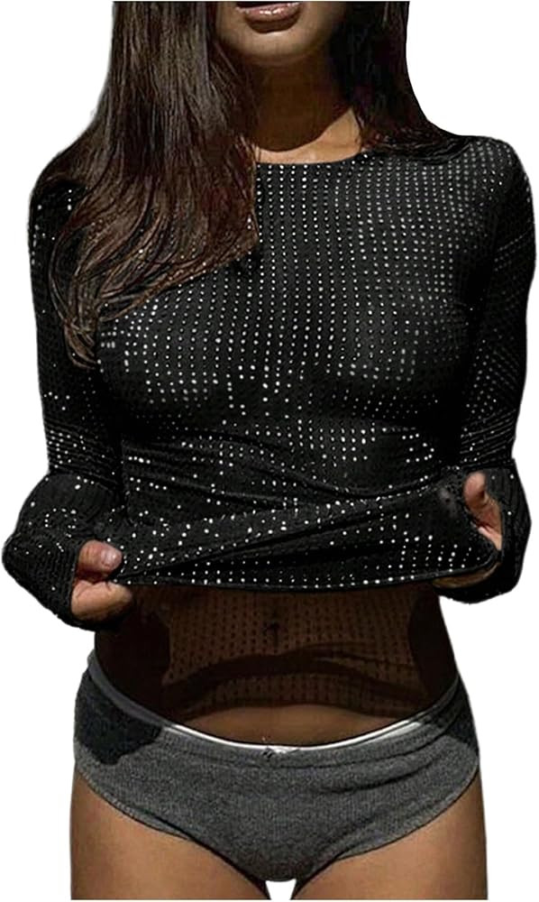 SHENHE Women's Diamond Mesh Sheer Tops Long Sleeve Y2k Slim Fit Party Rhinestone Top | Amazon (US)