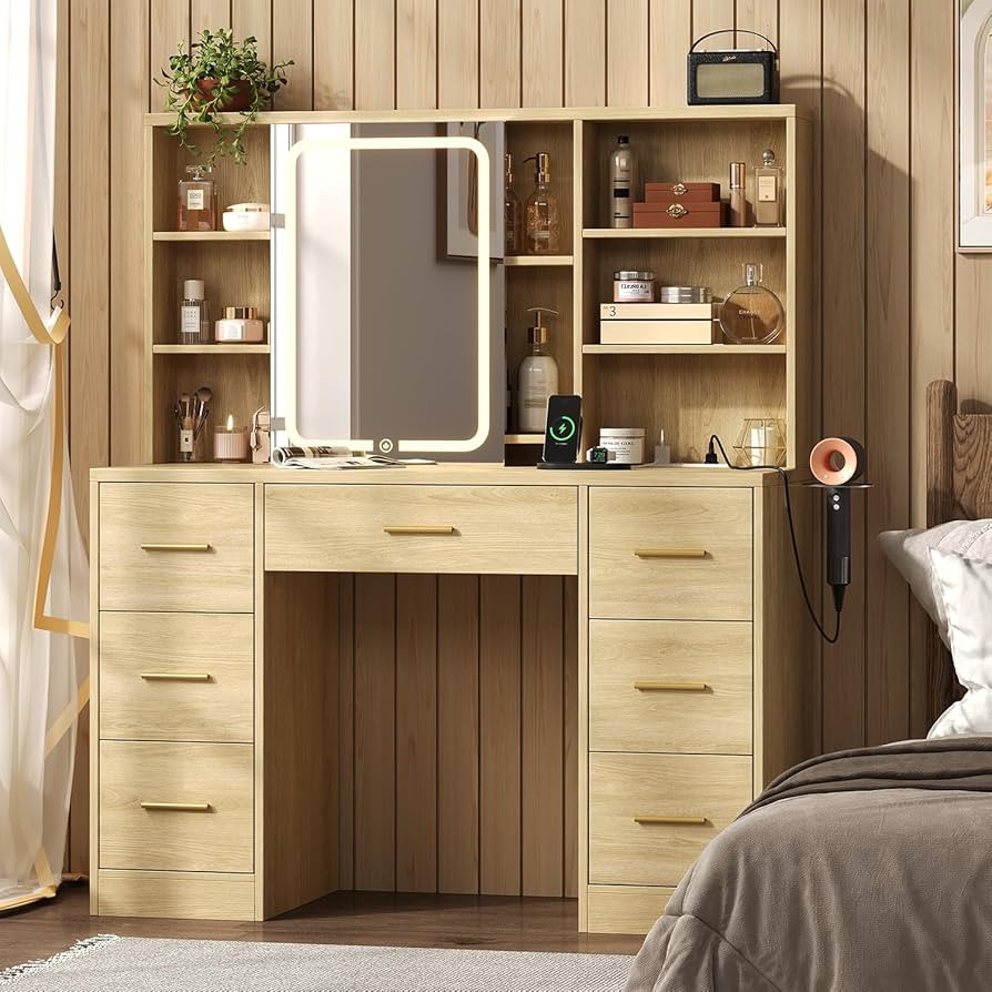 47'' W Large Vanity Desk with Mirror and Lights, 8 Storage Shelves 7 Drawers Vanity Table, Big Ma... | Amazon (US)