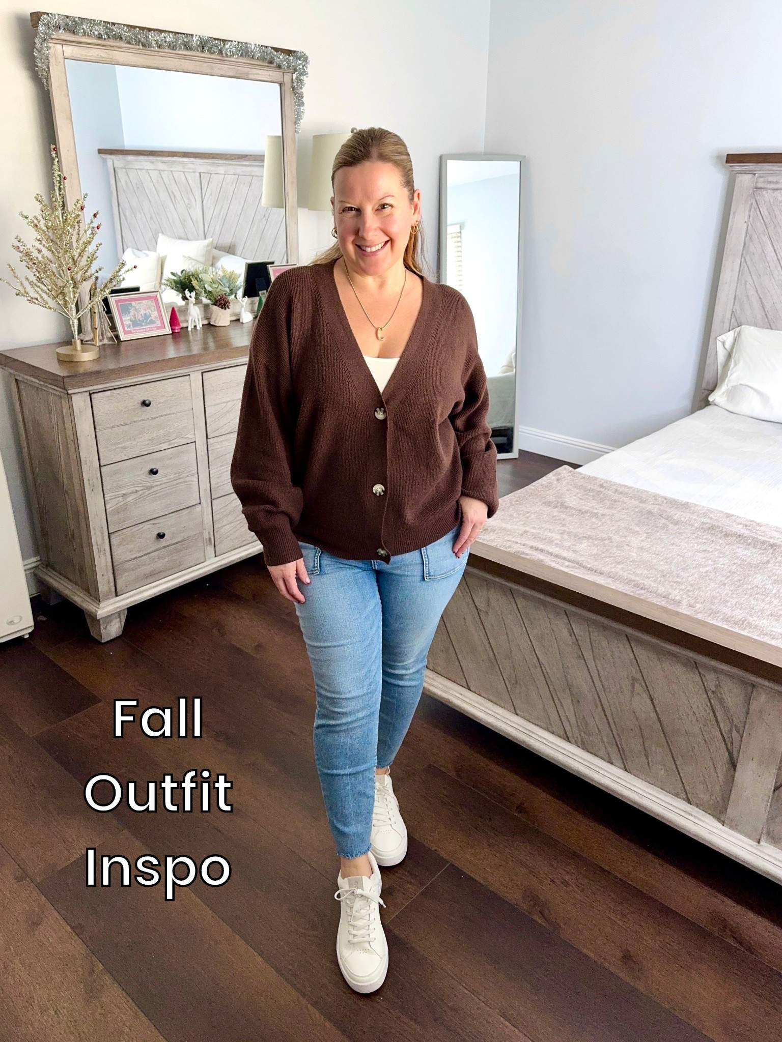 Today’s look is an easy, everyday neutral — a rich chocolate cardigan layered over a simple white tank, paired with light-wash skinny jeans and clean white sneakers for that effortless, comfy-but-put-together vibe. Perfect for school drop-off, errands, or cozy days at home

#LTKootd #LTKOver40 #LTKPetite