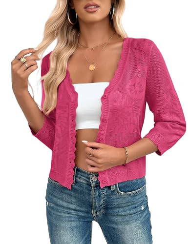 Kate Kasin Women's Cropped Cardigan Sweaters Trendy Lightweight 3/4 Sleeve Button Down Crochet Te... | Amazon (US)