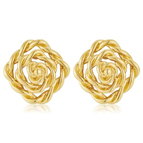 ENSKEFEN Twisted Square Gold Stud Earrings for Women Trendy Flower Spiral Earrings Vintage Gold Statement Earrings Chunky Gold Earrings Summer Jewelry Gift | Amazon (US)