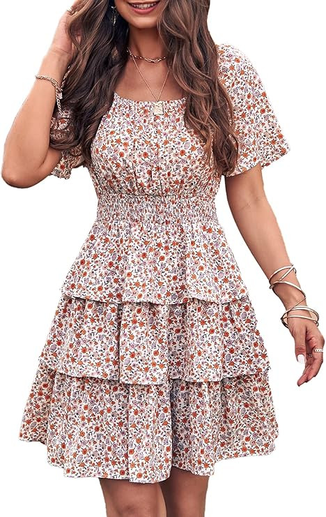 PRETTYGARDEN Women's 2026 Floral Summer Short Dress Square Neck Short Sleeve Tiered Ruffle Boho S... | Amazon (US)